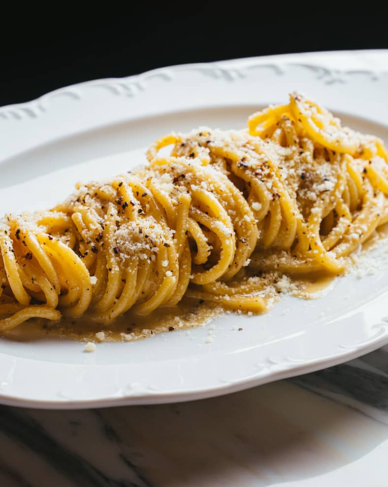 Close-up photo of a plate of pasta.